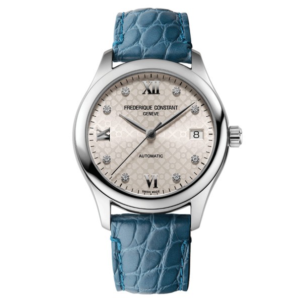 Frédérique Constant Ladies automatic watch with diamond markers silver dial blue leather strap 36 mm FC-303LGD3B6