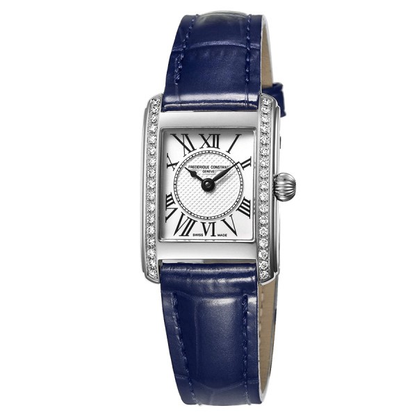 Frédérique Constant Classics Carre quartz watch bezel set with white dial blue leather strap 23 x 21 mm FC-200MCD16