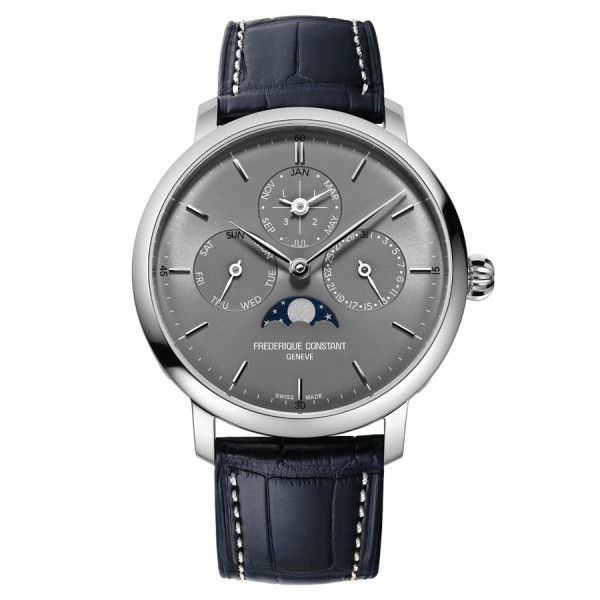 Montre Frédérique Constant Slimline Quantième Perpétuel Manufacture automatique cadran gris bracelet cuir bleu 42 mm FC-775G4S6