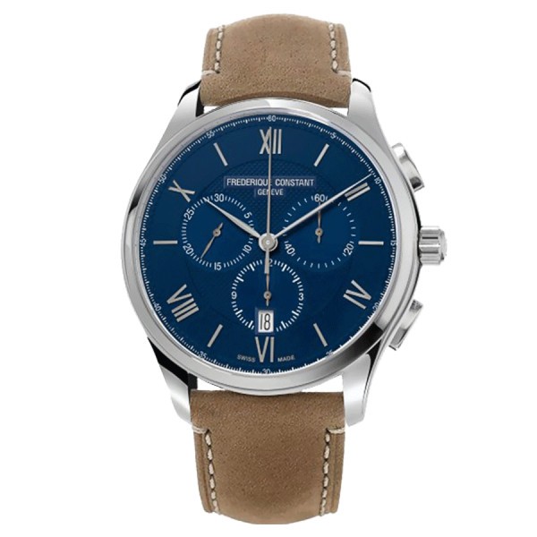 Frédérique Constant Classics quartz chronograph watch blue dial brown leather strap 40 mm FC-292MNB5B6