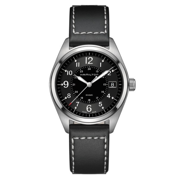 Montre Hamilton Khaki Field cadran noir bracelet cuir noir 40 mm