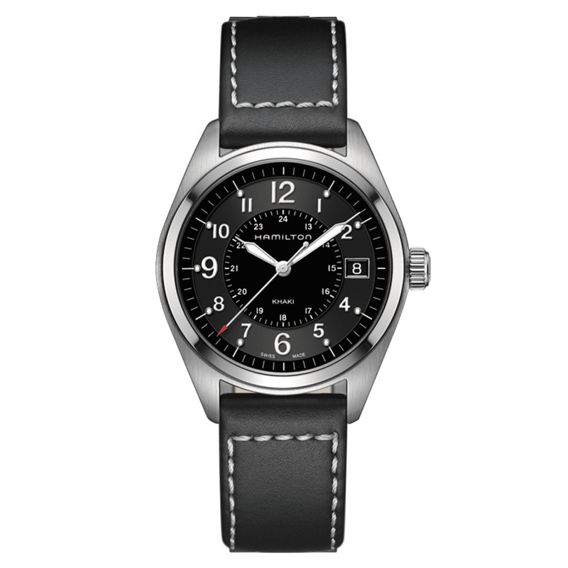 Montre Hamilton Khaki Field cadran noir bracelet cuir noir 40 mm