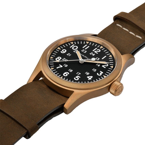Hamilton Khaki Field Bronze mechanical watch black dial brown nato strap 38 mm H69459530