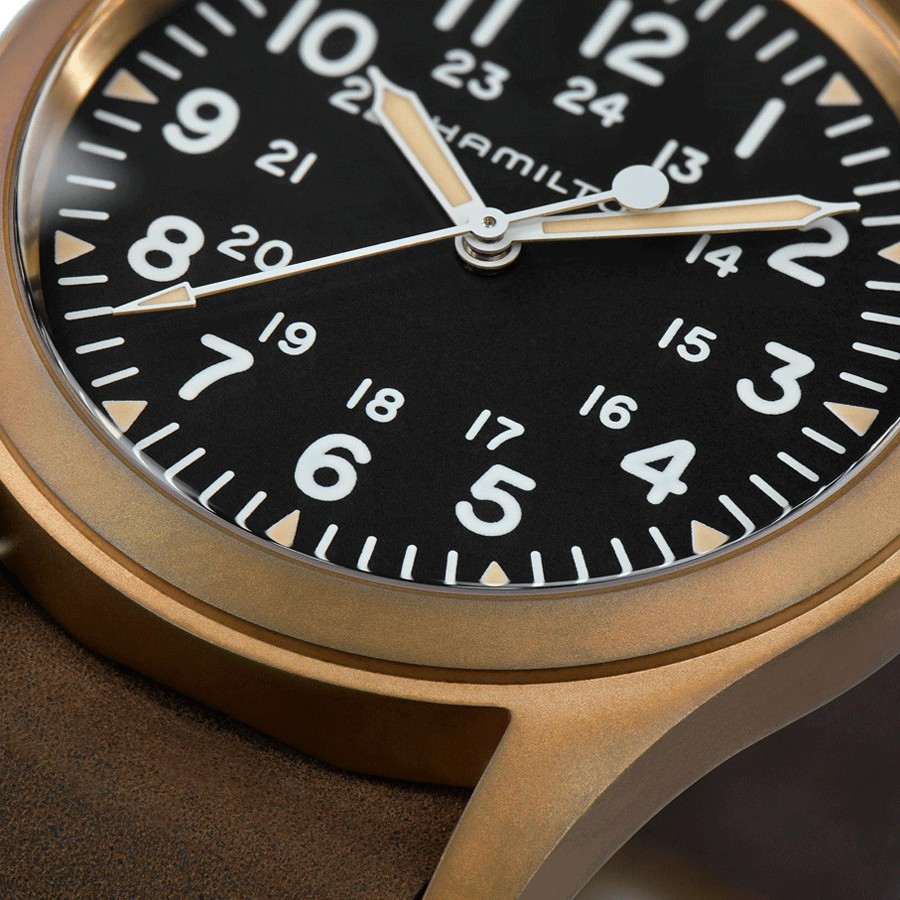 Hamilton Khaki Field Bronze mechanical watch black dial brown nato strap 38 mm H69459530