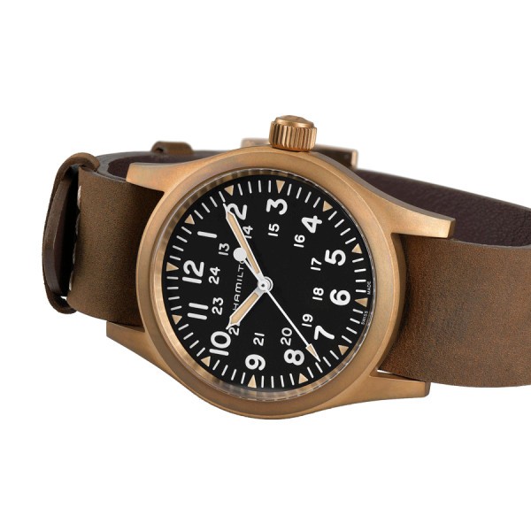 Hamilton Khaki Field Bronze mechanical watch black dial brown nato strap 38 mm H69459530