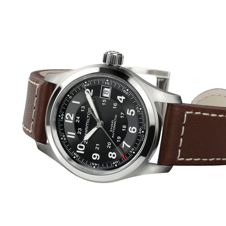 Montre Hamilton Khaki Field cadran noir bracelet cuir brun 38 mm