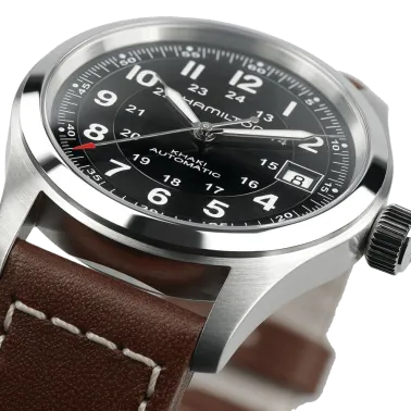 Montre Hamilton Khaki Field cadran noir bracelet cuir brun 38 mm