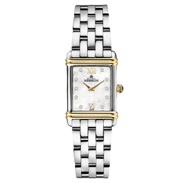 Michel Herbelin Art Déco PVD watch Yellow gold quartz diamond markers White mother-of-pearl dial Steel bracelet 20.30 x 24.40 mm