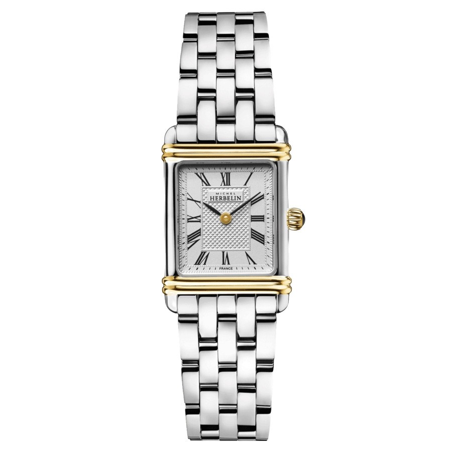 Montre Michel Herbelin Art Déco PVD Or jaune quartz chiffres romains cadran gris bracelet acier 20,30 x 24,40 mm 17478/T08B2