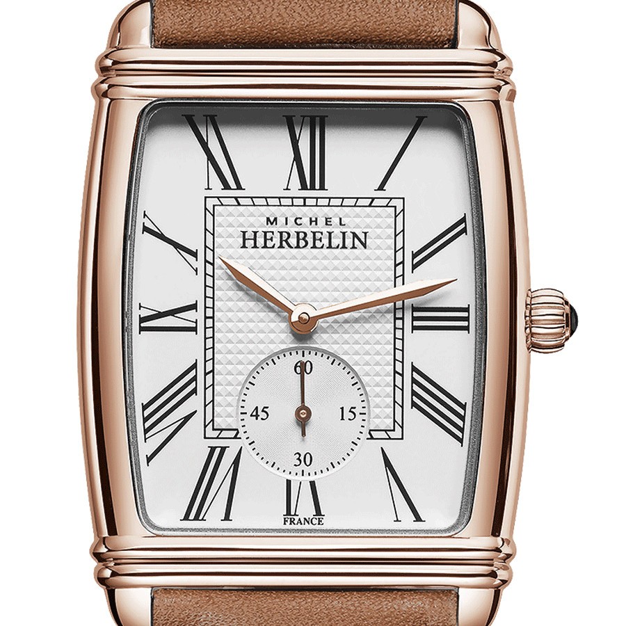 Montre Michel Herbelin Art Déco PVD Or rose quartz chiffres romains cadran blanc bracelet cuir brun 30 x 35,50 mm 10638/PR08GO