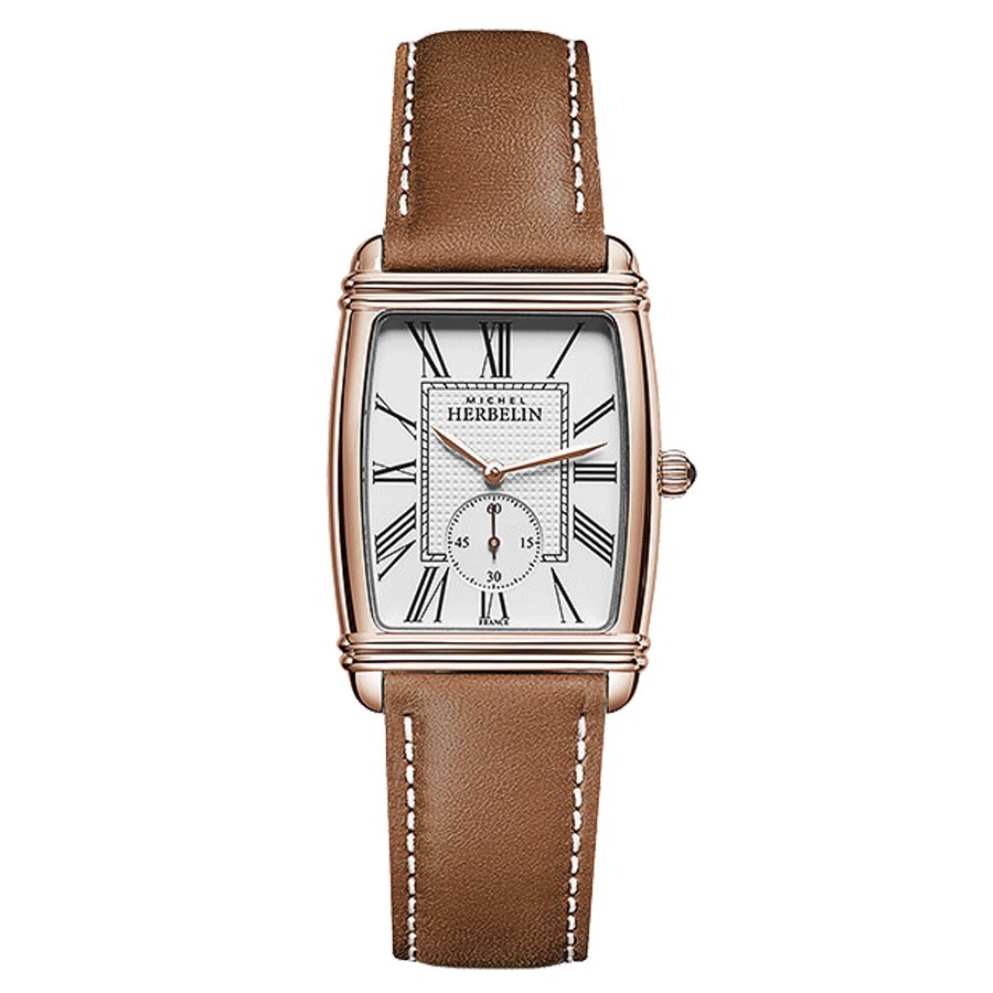 Montre Michel Herbelin Art Déco PVD Or rose quartz chiffres romains cadran blanc bracelet cuir brun 30 x 35,50 mm 10638/PR08GO
