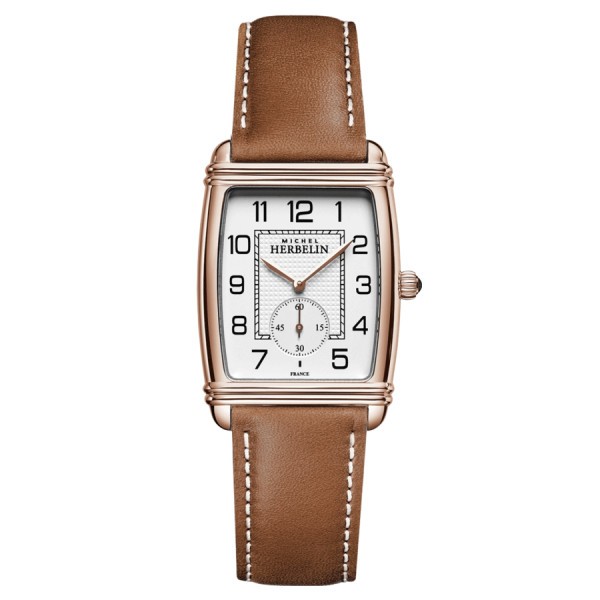 Michel Herbelin Art Deco PVD Rose gold quartz Arabic numerals white dial brown leather strap 30 x 35,50 mm 10638/PR22GO