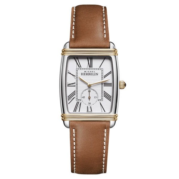 Michel Herbelin Art Deco watch PVD Yellow gold quartz Roman numerals White dial Brown leather strap 30 x 35,50 mm 10638/T08GO