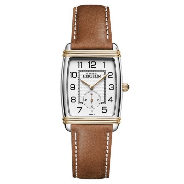 Michel Herbelin Art Deco watch PVD yellow gold quartz Arabic numerals white dial brown leather strap 30 x 35,50 mm 10638/T22GO