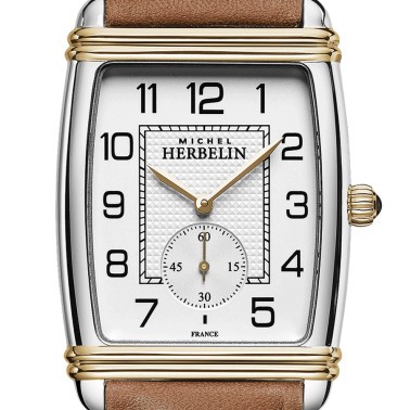 Montre Michel Herbelin Art Déco PVD Or jaune quartz chiffres arabes cadran blanc bracelet cuir brun 30 x 35,50 mm 10638/T22GO