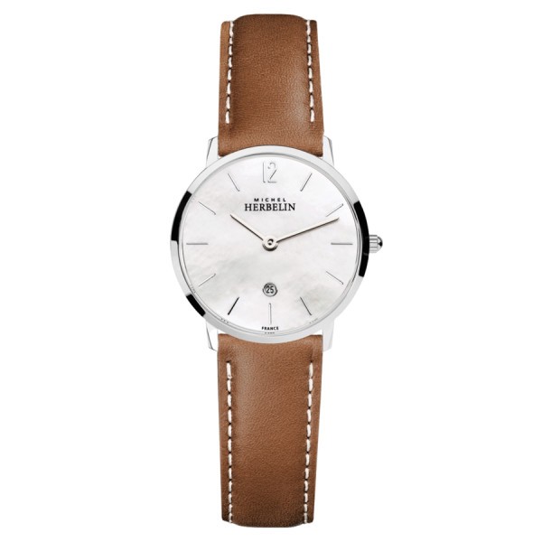 Michel Herbelin City quartz watch white mother-of-pearl dial brown leather strap 30,50 mm 16915/19GON