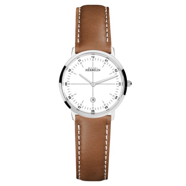 Montre Michel Herbelin City quartz cadran blanc bracelet cuir brun 30,50 mm 16915/12GON