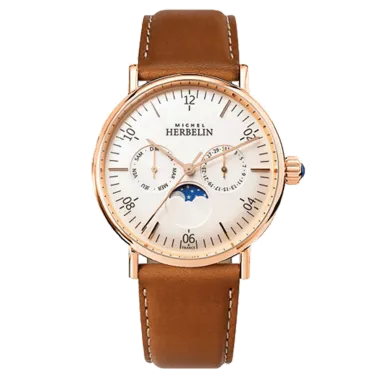 Montre Michel Herbelin Inspiration PVD Or rose quartz phase de lune cadran blanc bracelet cuir brun 38 mm 12747/PR11GO