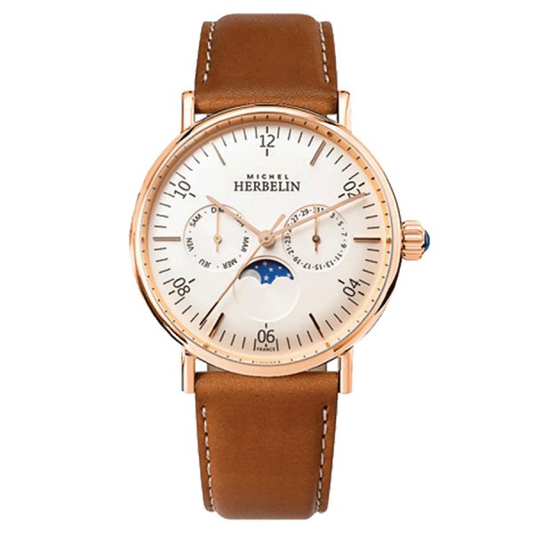 Michel Herbelin Inspiration PVD pink gold quartz moon phase watch white dial brown leather strap 38 mm 12747/PR11GO