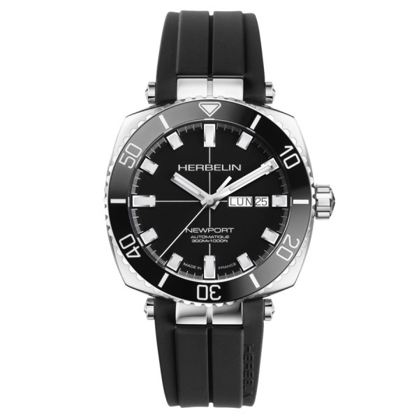 Montre Michel Herbelin Newport Diver automatique cadran noir bracelet caoutchouc noir 42 x 42 mm 1774/AN14CA