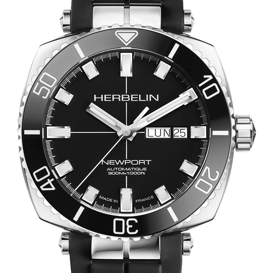 Montre Michel Herbelin Newport Diver automatique cadran noir bracelet caoutchouc noir 42 x 42 mm 1774/AN14CA