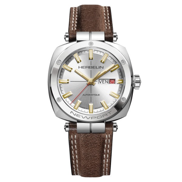 Michel Herbelin Newport Héritage automatic watch grey dial brown leather strap 42 x 42 mm 1764/T11BR