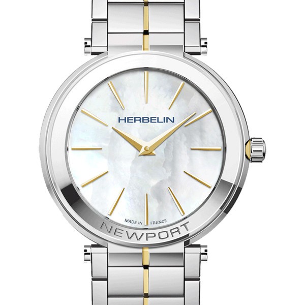 Michel Herbelin Newport Slim PVD Yellow Gold quartz watch white mother-of-pearl dial steel bracelet and PVD Yellow Gold 32 mm 16