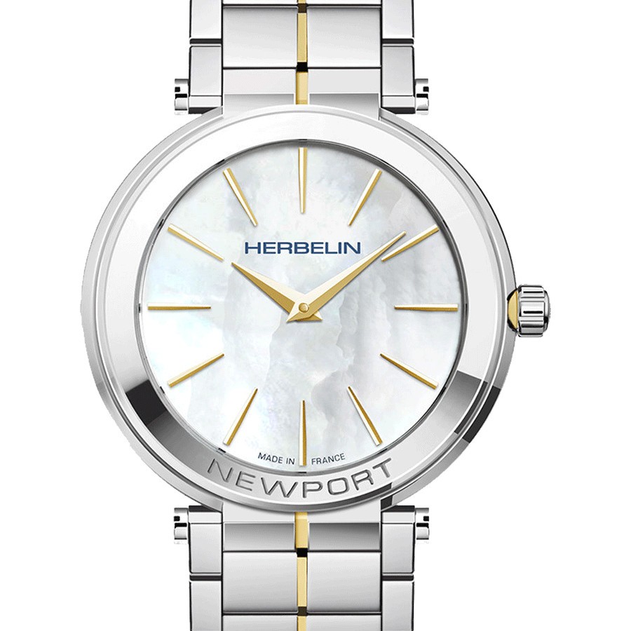 Michel Herbelin Newport Slim PVD Yellow Gold quartz watch white mother-of-pearl dial steel bracelet and PVD Yellow Gold 32 mm 16