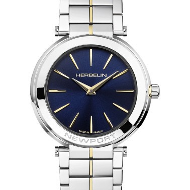 Michel Herbelin Newport Slim PVD yellow gold quartz watch blue dial steel bracelet and PVD yellow gold 32 mm 16922/BT15
