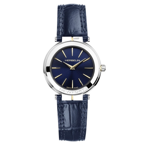 Michel Herbelin Newport Slim PVD yellow gold quartz watch blue dial blue leather strap 32 mm 16922/T15BL