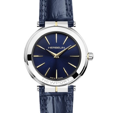 Montre Michel Herbelin Newport Slim PVD Or jaune quartz cadran bleu bracelet cuir bleu 32 mm 16922/T15BL
