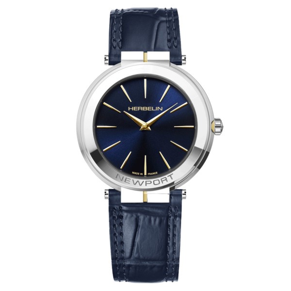 Michel Herbelin Newport Slim PVD Yellow gold quartz watch blue dial blue leather strap 40 mm 19522/T15BL