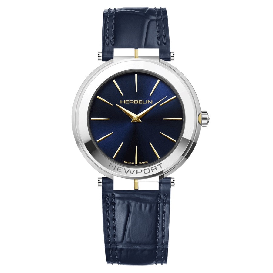 Montre Michel Herbelin Newport Slim PVD Or jaune quartz cadran bleu bracelet cuir bleu 40 mm 19522/T15BL