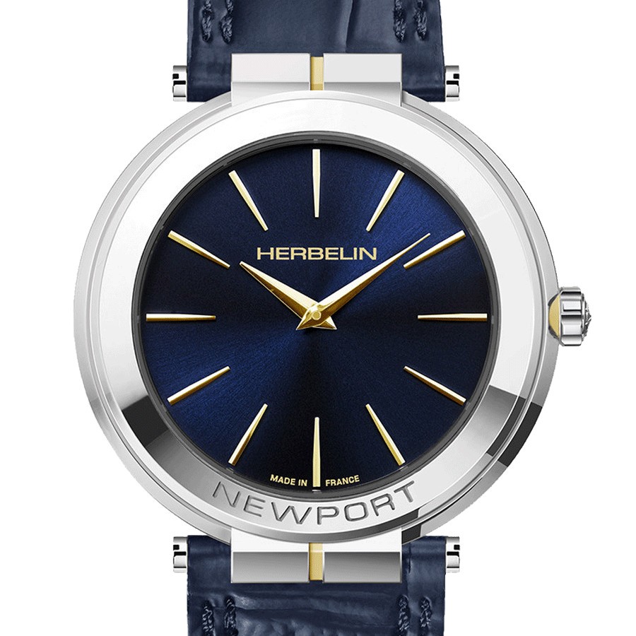 Montre Michel Herbelin Newport Slim PVD Or jaune quartz cadran bleu bracelet cuir bleu 40 mm 19522/T15BL