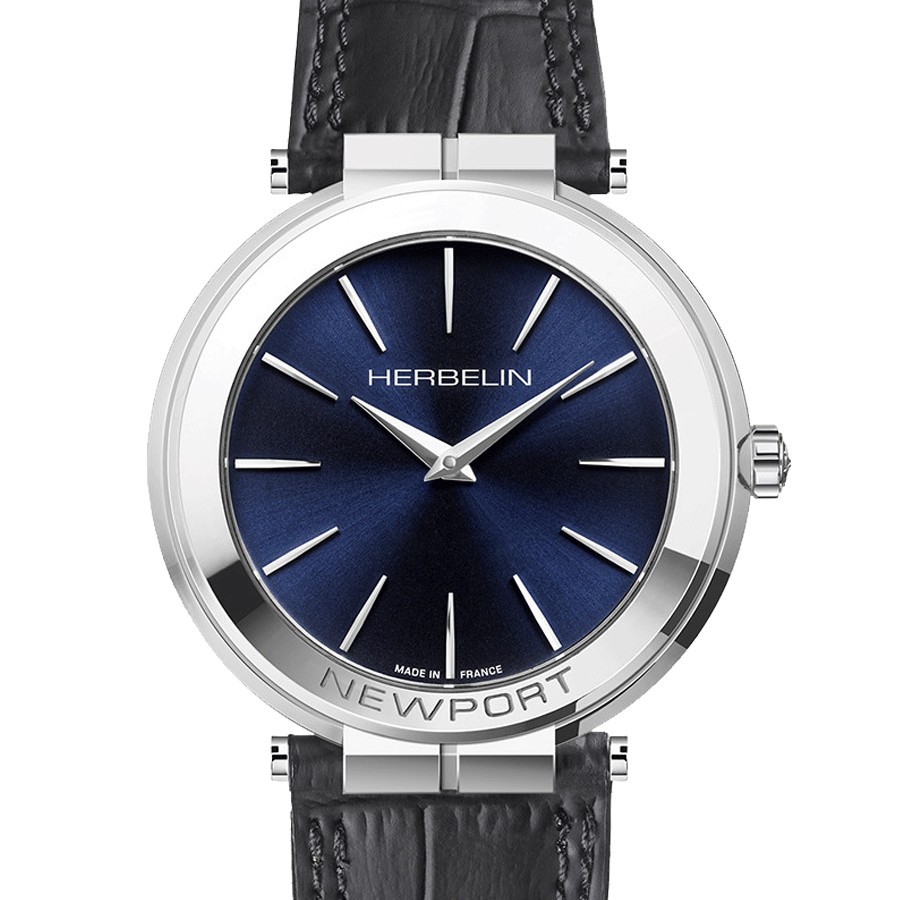 Michel Herbelin Newport Slim quartz watch blue dial black leather strap 40 mm 19522/AP15