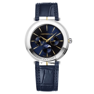 Montre Michel Herbelin Newport Slim PVD Or jaune quartz phase de lune cadran bleu bracelet cuir bleu 41,5 mm 12722/T15BL