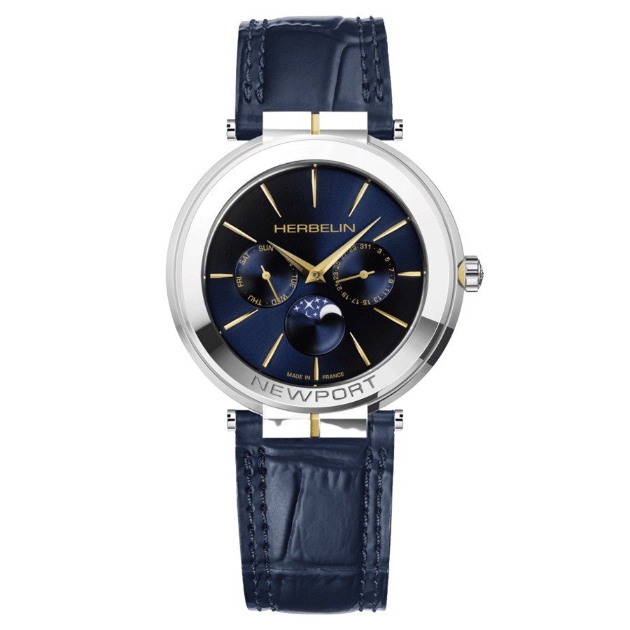 Montre Michel Herbelin Newport Slim PVD Or jaune quartz phase de lune cadran bleu bracelet cuir bleu 41,5 mm 12722/T15BL