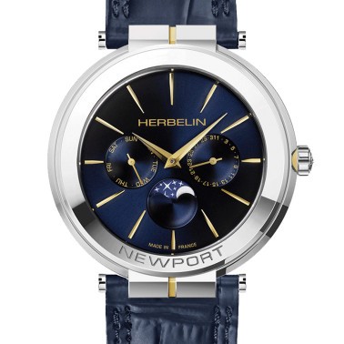 Montre Michel Herbelin Newport Slim PVD Or jaune quartz phase de lune cadran bleu bracelet cuir bleu 41,5 mm 12722/T15BL