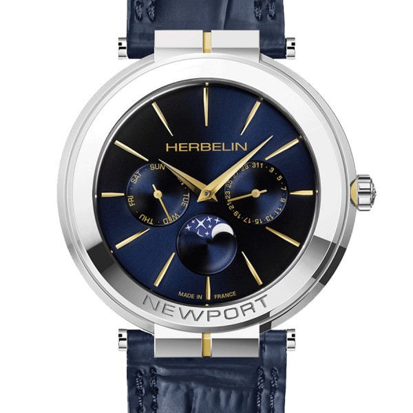 Montre Michel Herbelin Newport Slim PVD Or jaune quartz phase de lune cadran bleu bracelet cuir bleu 41,5 mm 12722/T15BL
