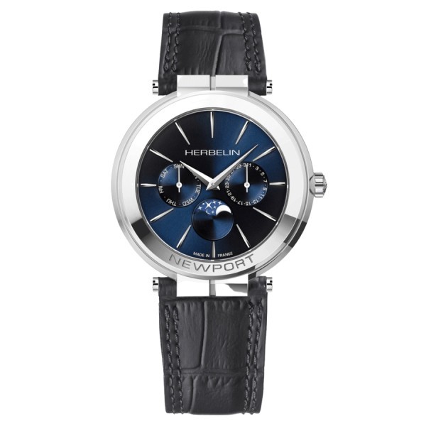Michel Herbelin Newport Slim quartz moon phase watch blue dial black leather strap 41,5 mm 12722/AP15