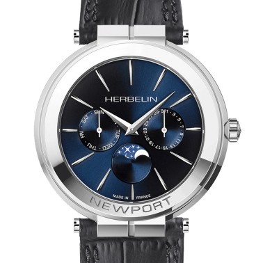Michel Herbelin Newport Slim quartz moon phase watch blue dial black leather strap 41,5 mm 12722/AP15