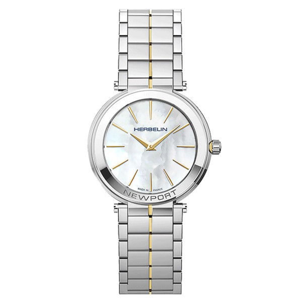Michel Herbelin Newport Slim PVD Yellow Gold quartz watch white mother-of-pearl dial steel bracelet and PVD Yellow Gold 32 mm