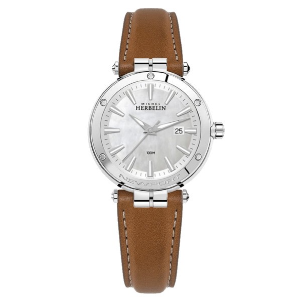 Michel Herbelin Newport quartz watch white mother-of-pearl dial brown leather strap 34,5 mm 14288/AP19GO