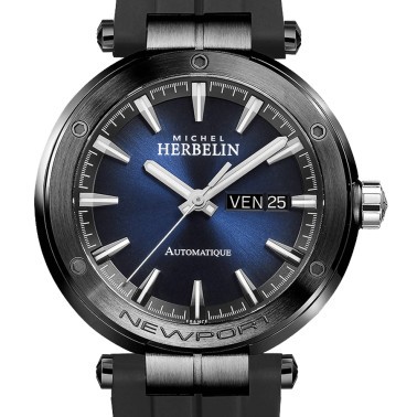 Montre Michel Herbelin Newport PVD noir automatique cadran bleu bracelet caoutchouc noir 42 mm 1768/G15CA