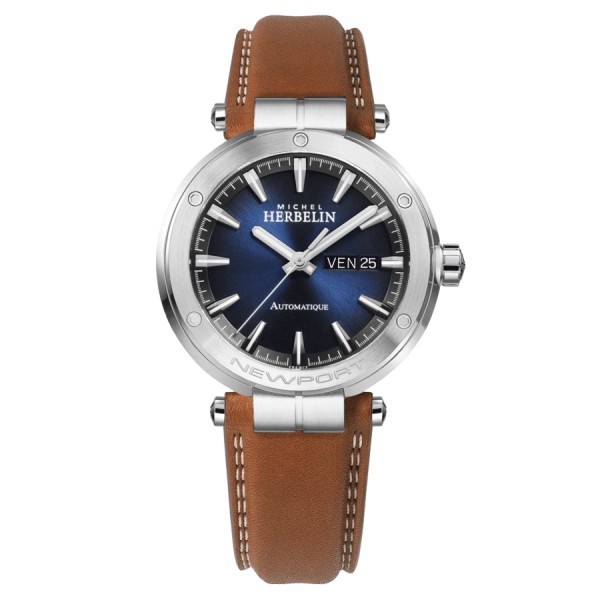 Michel Herbelin Newport automatic watch blue dial brown leather strap 42 mm1768/15GON