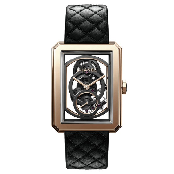 Chanel BOY-FRIEND Grand Modèle mechanical gold watch skeleton dial black calf leather strap H6594