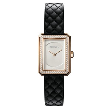 Chanel BOY-FRIEND Petit Modèle watch Beige gold quartz bezel set with opaline dial Black calf leather strap H6590