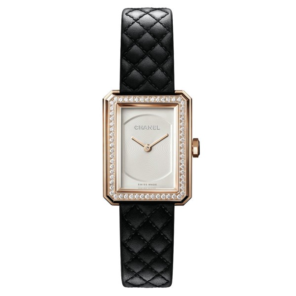 Chanel BOY-FRIEND Petit Modèle watch Beige gold quartz bezel set with opaline dial Black calf leather strap H6590