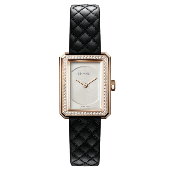 Montre Chanel BOY·FRIEND Petit Modèle Or beige quartz lunette sertie cadran opalin bracelet cuir veau noir H6590