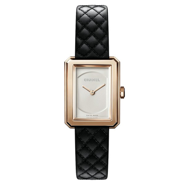 Chanel BOY-FRIEND Petit Modèle Gold beige quartz watch with opaline dial and black calf leather strap H6587